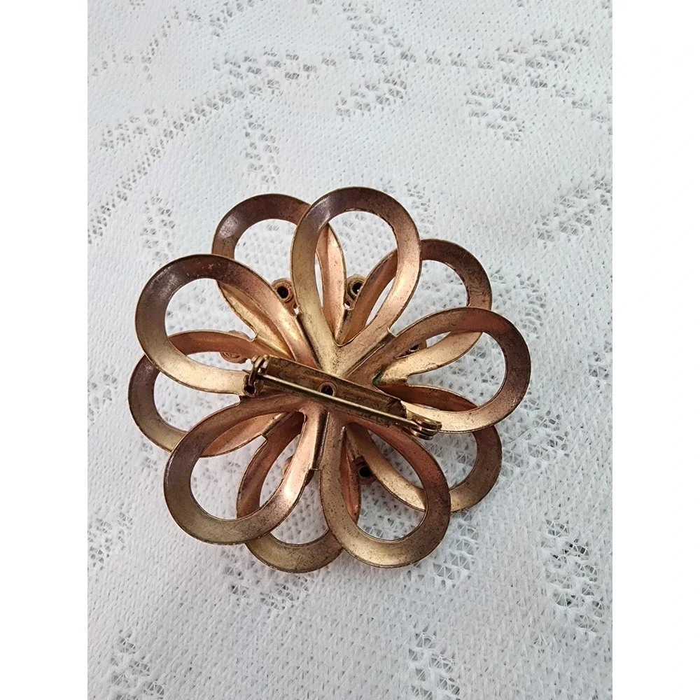 Vintage Mid Century Flower Brooch Smoky Glass Rhinestone Pearl Art Deco Mod
